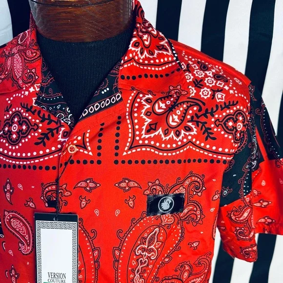 Version Couture Classic Fit Paisley Red/Black Bandana Shirt - Picture 3 of 5